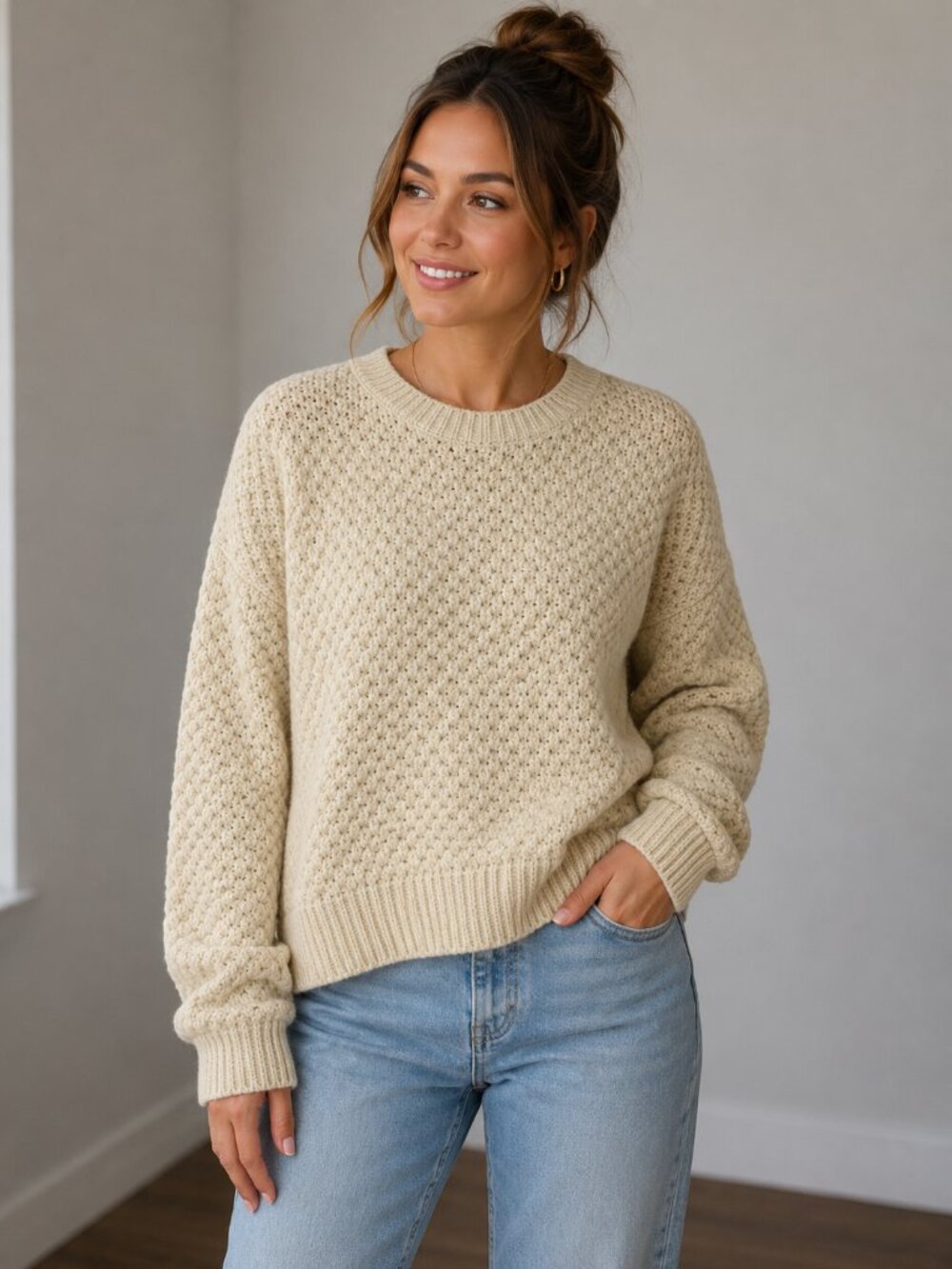 Vince $385 Honeycomb Crew Neck Sweater Winter White (Ivory) Wool/Yak Women's XS